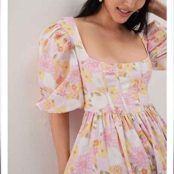 For Love and Lemons Carrie Midi Dress Floral Pink - Picture 2 of 7